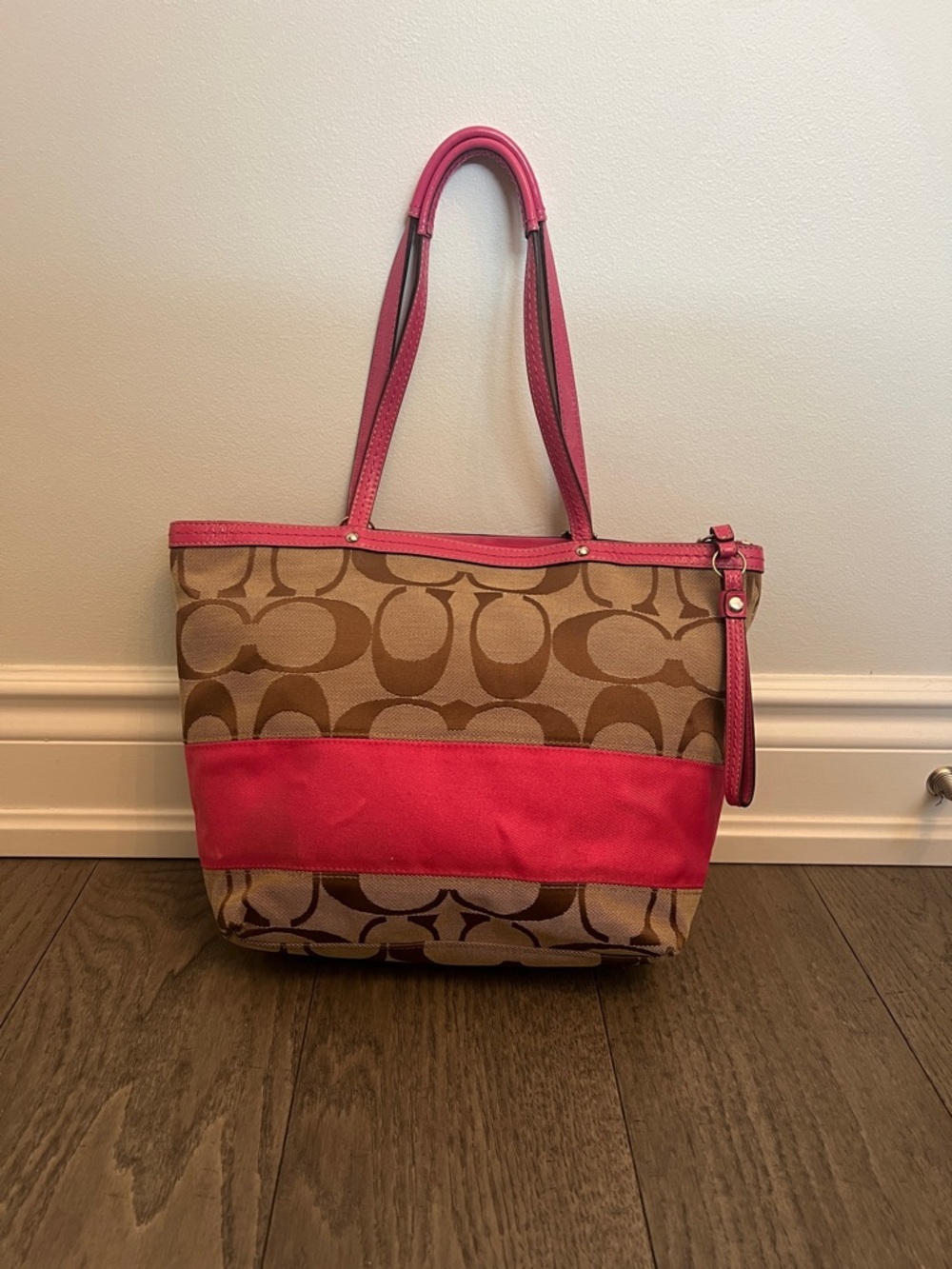 Coach Brown Logo Tote with Pink Trim and Cherry Charm - Picture 3 of 10